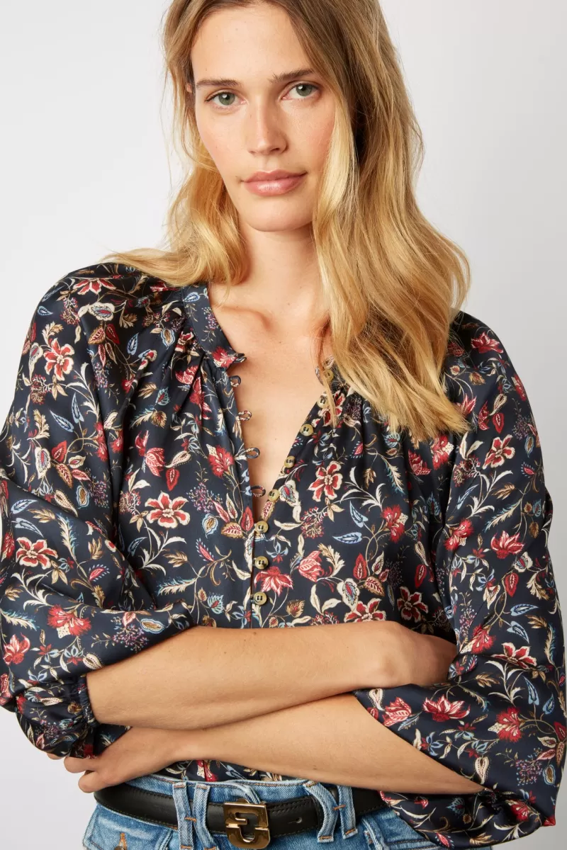 Satin feel floral shirt with round neck - CASSANDRA | Gerard Darel Store